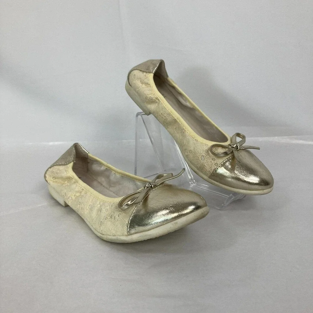 Lelli Kelly‎ Shoes Girls Sz 4.5 Ivory Eyelet Gold Leather Ballet Flats Cap Toe
